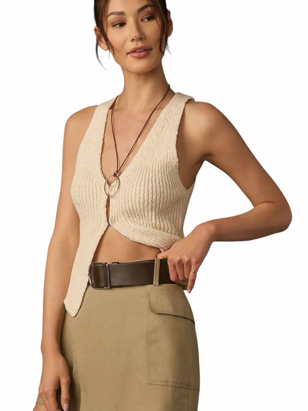 Pilcro Kiss-Front Cream Knit V-Neck Tank - XL